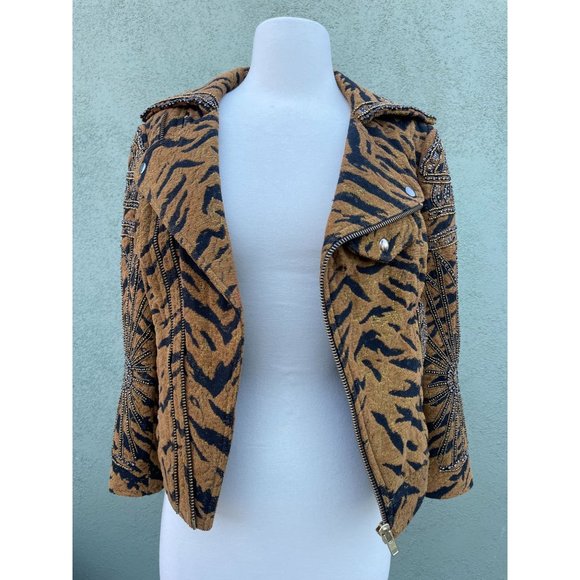 Free People New Romantics Tiger Print Moto Jacket Beaded Embellished / XS - Picture 2 of 11